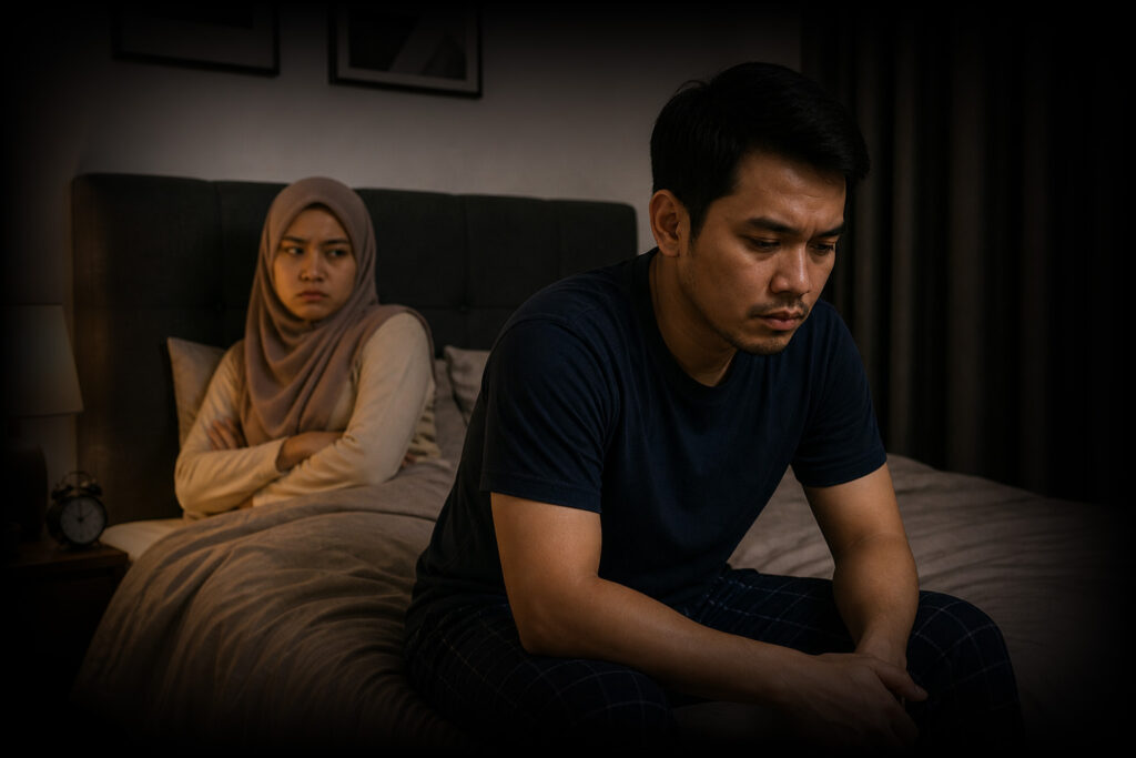 Lelaki berasa kurang yakin bersama pasangan di dalam bilik